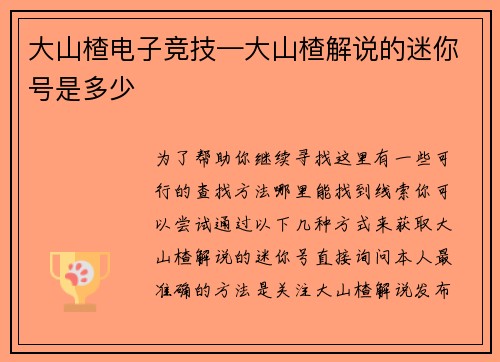 大山楂电子竞技—大山楂解说的迷你号是多少