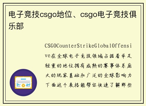 电子竞技csgo地位、csgo电子竞技俱乐部